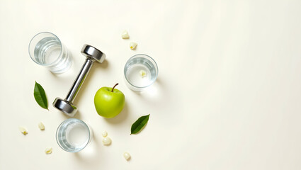 Obraz premium Sleek and Minimalist Flat Lay, A Composition of Fitness, Hydration, and Healthful Eating for a Balanced Lifestyle with Copy Space