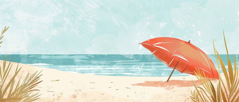 Abstraker Strand mit Sonnenschirm und blauem Himmel, modernes Grafikdesign mit viel Platz f&uuml;r Text