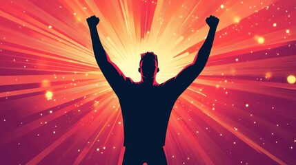 Dramatic abstract and energetic posture of a man raising his clenched fists against a bright background is associated with victory or extraordinary power.