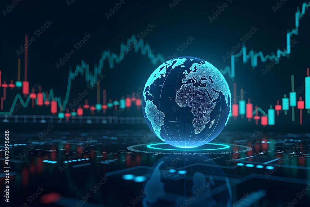 Poster sleek futuristic global finance interface displaying real time stock market data with a digital glob
