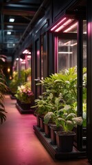 Obraz premium Atmospheric indoor garden with LED grow lights in modern facility