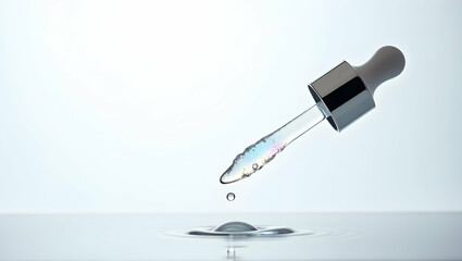 Sleek Lab-Inspired Dropper Dispensing Liquid, A Modern Image for Science, Healthcare, and Cosmetic Applications Featuring a Glass Dropper with Liquid Droplets