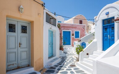 Summer Santorini, Greece, Colorful Santorini alleyway doors