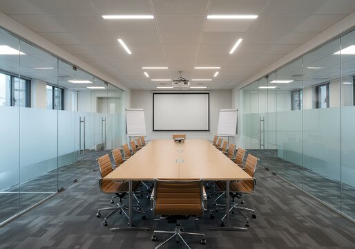Conference room with long table, chairs, projector and whiteboards ready for meeting