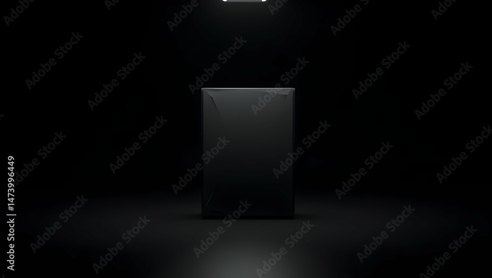 Poster sleek matte black rectangular display block suspended under a soft spotlight, creating a minimalist 