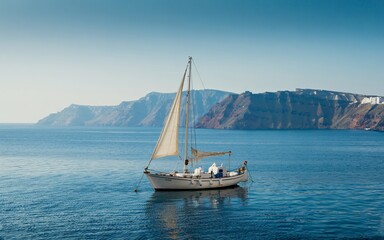 Fototapeta premium Summer Santorini, Greece, Aegean Sailboat, Calm Waters, Santorini