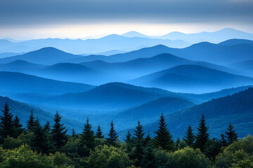 Fototapeta premium Serene Mountain Landscape with Blue Misty Ridges and Evergreen Forests