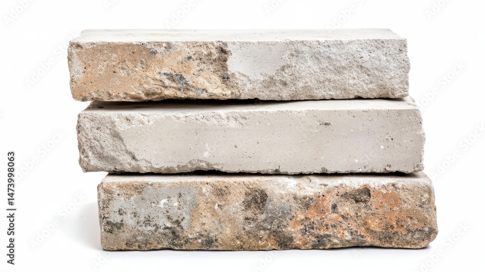 Poster stack of three concrete blocks with rough texture, showcasing various shades of gray and brown, idea