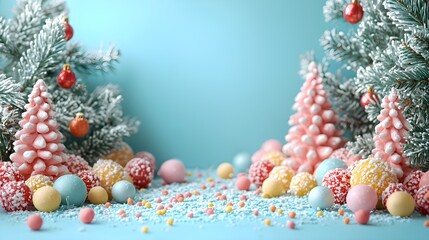 colorful christmas decorations on a blue backgroun