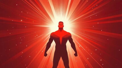 Dramatic abstract and energetic posture of a man raising his clenched fists against a bright background is associated with victory or extraordinary power.