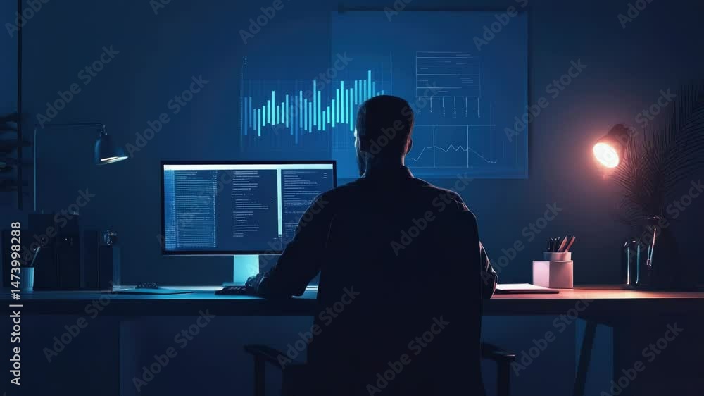 Poster a person sitting at a desk with a computer, ready to work or study