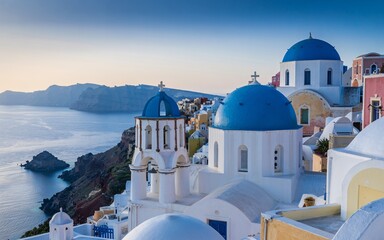 Summer Santorini, Greece, Santorini sunrise, whitewashed churches, blue domes, caldera view