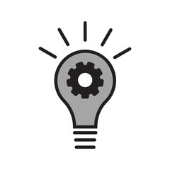 Lightbulb icon with cogs, gears in a flat vector design in black color. Idea invention innovation white and colored background