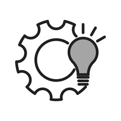 Lightbulb icon with cogs, gears in a flat vector design in black color. Idea invention innovation white and colored background