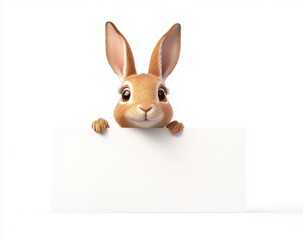 Cute bunny holding blank sign, cheerful expression