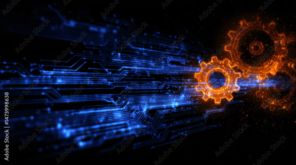 Aufkleber abstract technology gears on a circuit board, digital design background with blue data and orange sy