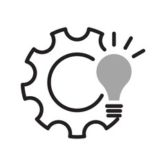 Lightbulb icon with cogs, gears in a flat vector design in black color. Idea invention innovation white and colored background