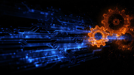 Abstract technology gears on a circuit board, digital design background with blue data and orange...
