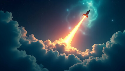 Fototapeta premium Soaring Ambitions, A Rocket Ascends Through Dreamlike Clouds Towards the Stars, Symbolizing Innovation, Technology, and the Limitless Pursuit of Space Exploration