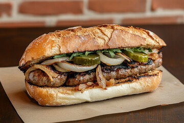 Gourmet sandwich featuring grilled sausage, onions, and pickles served on fresh bread at a local eatery
