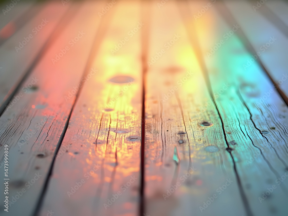 Poster soft focus image of wooden planks with vibrant rainbow reflections creating a dreamy and ethereal at
