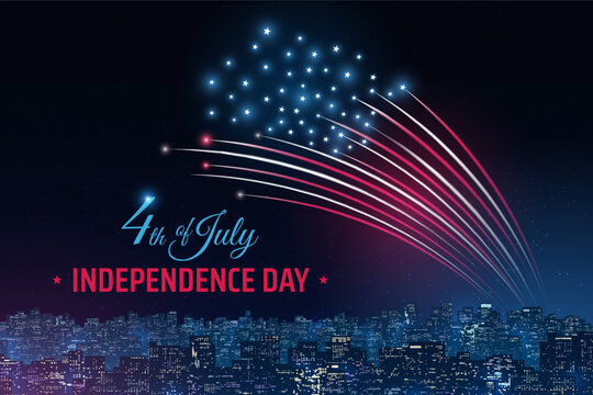 4th of july usa independence day. US flag fireworks over cityscape. Happy fourth of july, independence day. American national holiday. Colorful fireworks on dark sky background. Greeting card. Vector