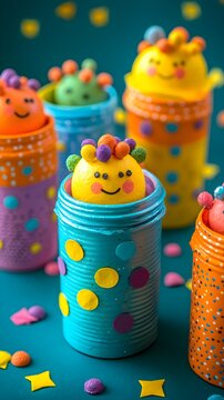 a group of colorful cupcakes sitting on top of eac