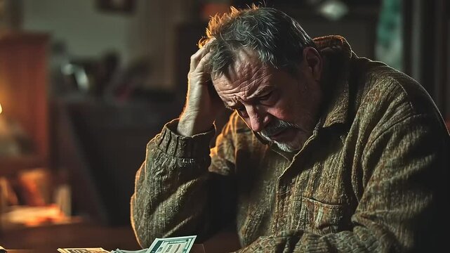 A distressed elderly man contemplates financial troubles at a dimly lit table with cash