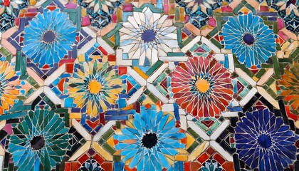 Traditional Islamic Mosaic with Floral Patterns. Vibrant mosaic featuring geometric and floral designs in blue, red, green, yellow, and white tiles, reflecting traditional Islamic craftsmanship