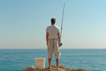 Lone fisherman standing on rocky coastline at sunrise casting a line into the calm ocean waters