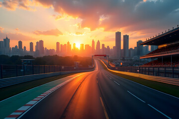 Spectacular cityscape at dusk featuring modern architecture and a racetrack, bathed in the warm glow of sunset, offering a glimpse into a thriving metropolis