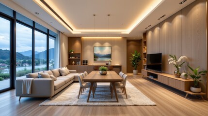 Modern and Elegant Living Room Design with Large Windows Overlooking Scenic Mountain View and Stylish Furniture