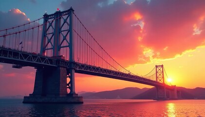 Fototapeta premium Majestic bridge tower against a vibrant sunset sky Steel structure, architectural detail, urban landscape , tower, perspective, construction