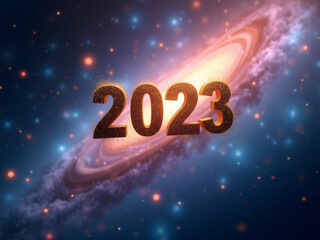 Spectacular Cosmic Vision, Celebrating the Year 2023 Amidst Ethereal Nebulae and Shimmering Star Clusters in a Breathtaking Display