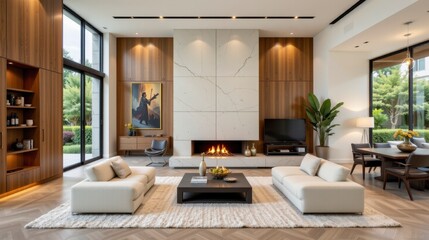 Fototapeta premium Elegant Modern Living Room with Cozy Fireplace and Stylish Furnishings in Bright Contemporary Space