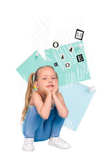 Collage sketch image of dreamy small lady hands arms cheeks cheekbone playing word game isolated...