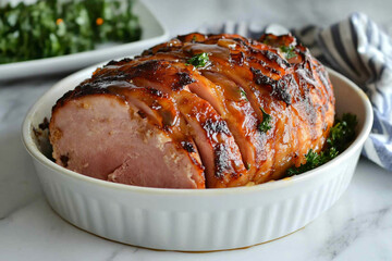 Freshly baked ham glazed with honey and brown sugar served at a festive dining table