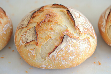 Freshly baked loaf of crusty bread with golden brown crust and airy texture perfect for any meal or...