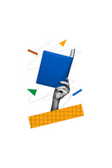 Collage sketch painted picture of human arm hold book encyclopedia dictionary knowledge intelligence development concept