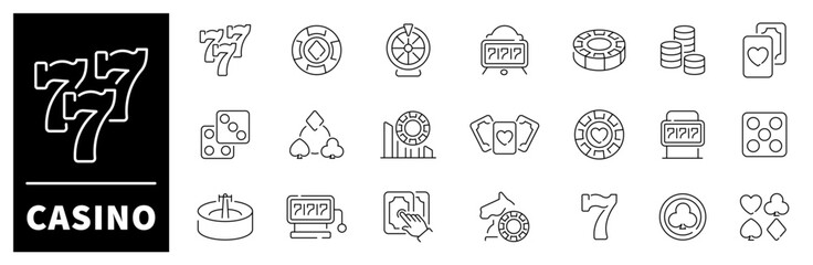 Casino vector icon set. Gambling icons. Casino, poker, gamble games, gambling, dice, playing cards, slot thin line icon collection. Editable stroke