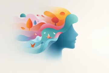 Surreal artistic portrait of human head with colorful flowing watercolor elements symbolizing creative imagination and emotional thought process, Watercolor Illustration..