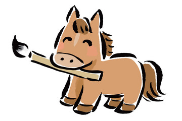 筆を口にくわえた干支の馬（午）