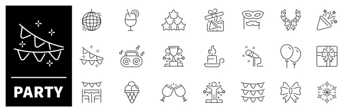 Party celebration vector outline icon set. Festive event symbols