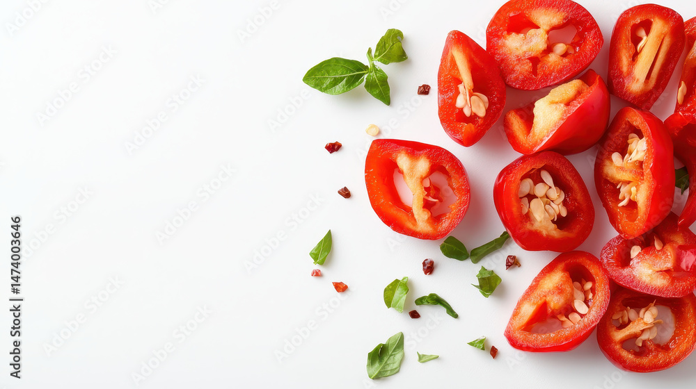 Poster fresh red bell peppers sliced with seeds and green basil leaves scattered on white background, creat