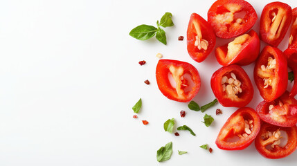 Fototapeta premium Fresh red bell peppers sliced with seeds and green basil leaves scattered on white background, creating vibrant and appetizing display