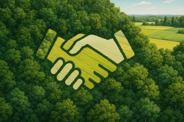 Aerial View Green Forest Fields Handshake Partnership Sustainable Agriculture Eco Friendly Nature Conservation Environmental Protection Teamwork Collaboration Global Unity Ecologic Harmony Renewable  