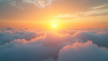 Spectacular Sunrise Above the Clouds, A Mesmerizing View of Vibrant Warm Tones and Soft Cotton-like Clouds, Capturing the Beauty of Nature's Radiant Glow
