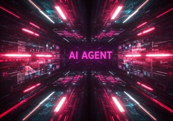 Fototapeta premium AI Agent in Neon Cyberspace The Future of Autonomous Assistants and AGI advance human and bot Collaboration in Business, Futuristic AI Agent in Cyber World Digital Intelligence Revolution
