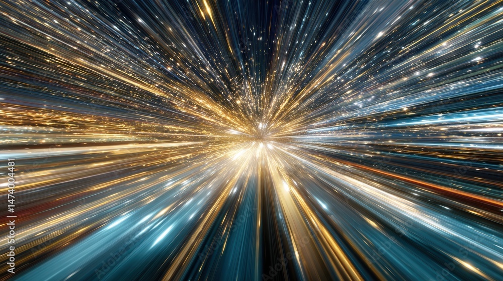 Poster a stunning image of abstract light streaks converging into a bright, central point, creating a dynam