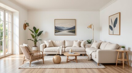 Cozy and Modern Living Room with Natural Light, Indoor Plants, and Warm Tones for Relaxation and Comfort